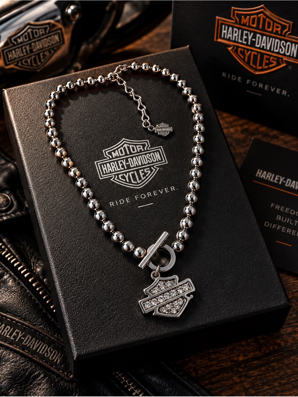 Harley-Davidson Silver Beaded Logo Pendant Necklace